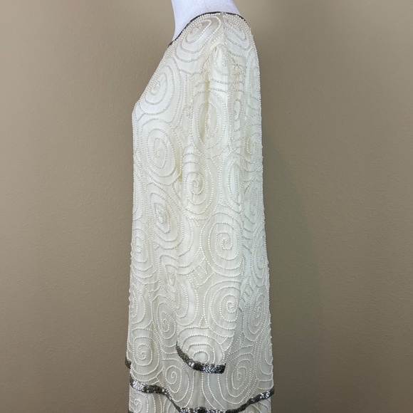 Laurence Kazar New York 100% Silk Vintage Angled Ivory Formal Beaded Midi Dress - Picture 7 of 16